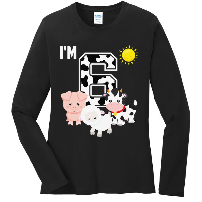 Farm Animals 6th Birthday 6 Year Old Birthday Party Ladies Long Sleeve Shirt