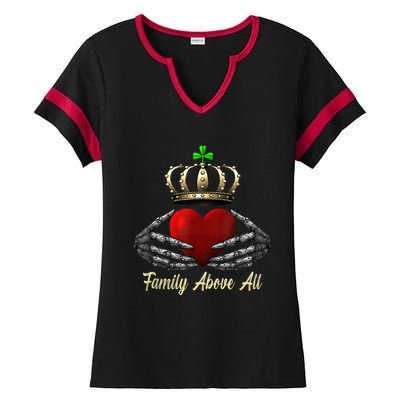 Family Above All Irish Claddagh Ring Heart With Crown Retro Ladies Halftime Notch Neck Tee