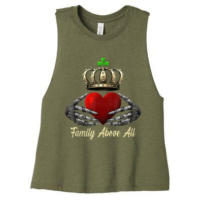 Family Above All Irish Claddagh Ring Heart With Crown Retro Women's Racerback Cropped Tank