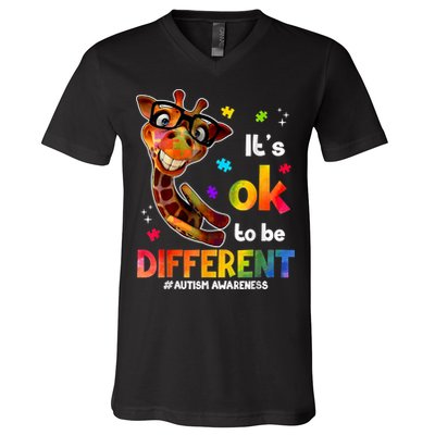 Funny Autism Awareness Its Ok To Be Different Giraffe V-Neck T-Shirt