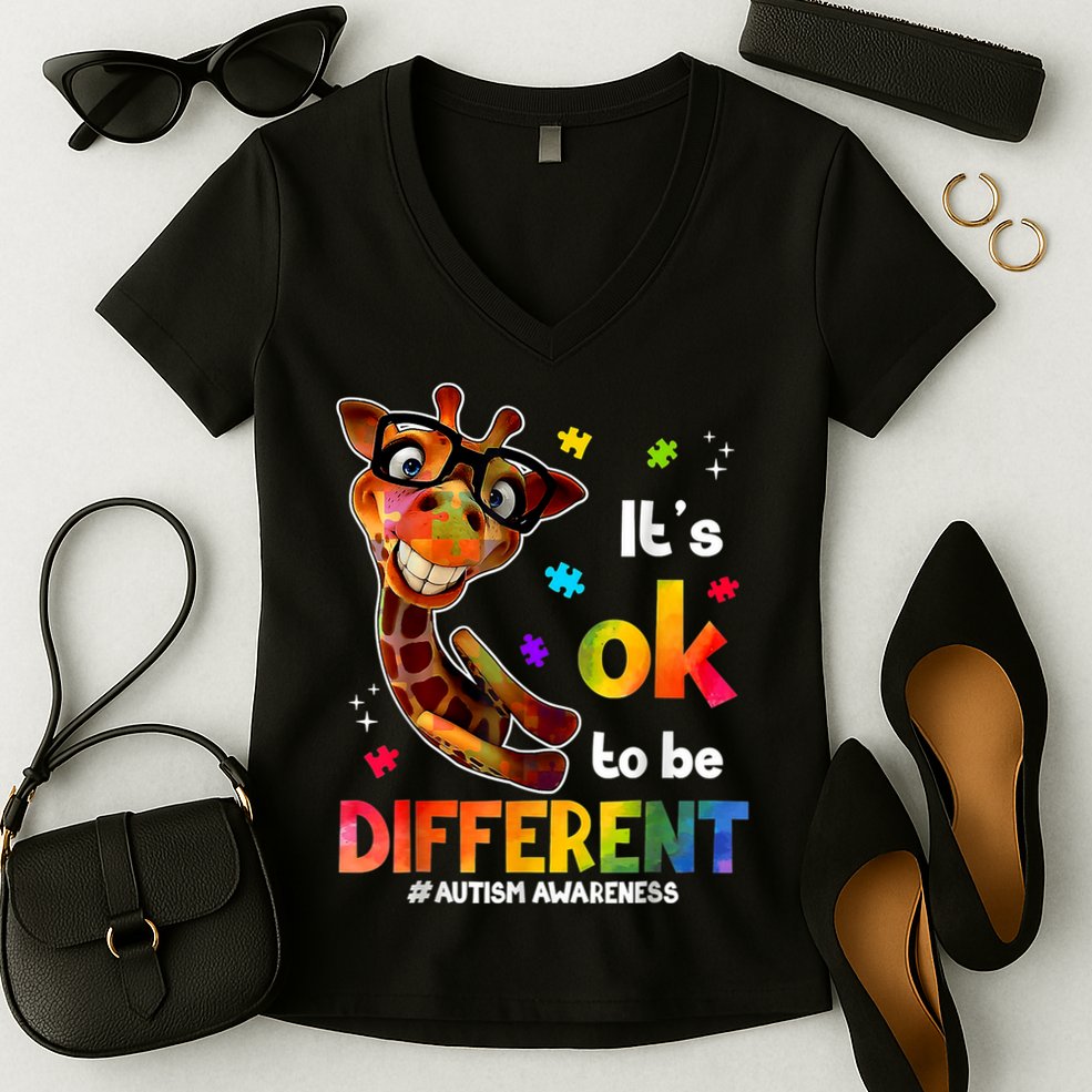 Funny Autism Awareness Its Ok To Be Different Giraffe Women's V-Neck T-Shirt