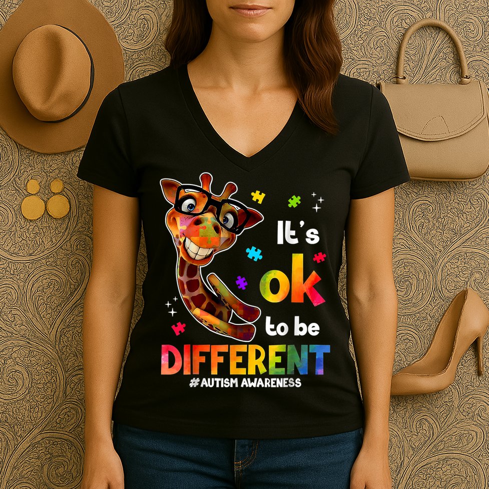 Funny Autism Awareness Its Ok To Be Different Giraffe Women's V-Neck T-Shirt