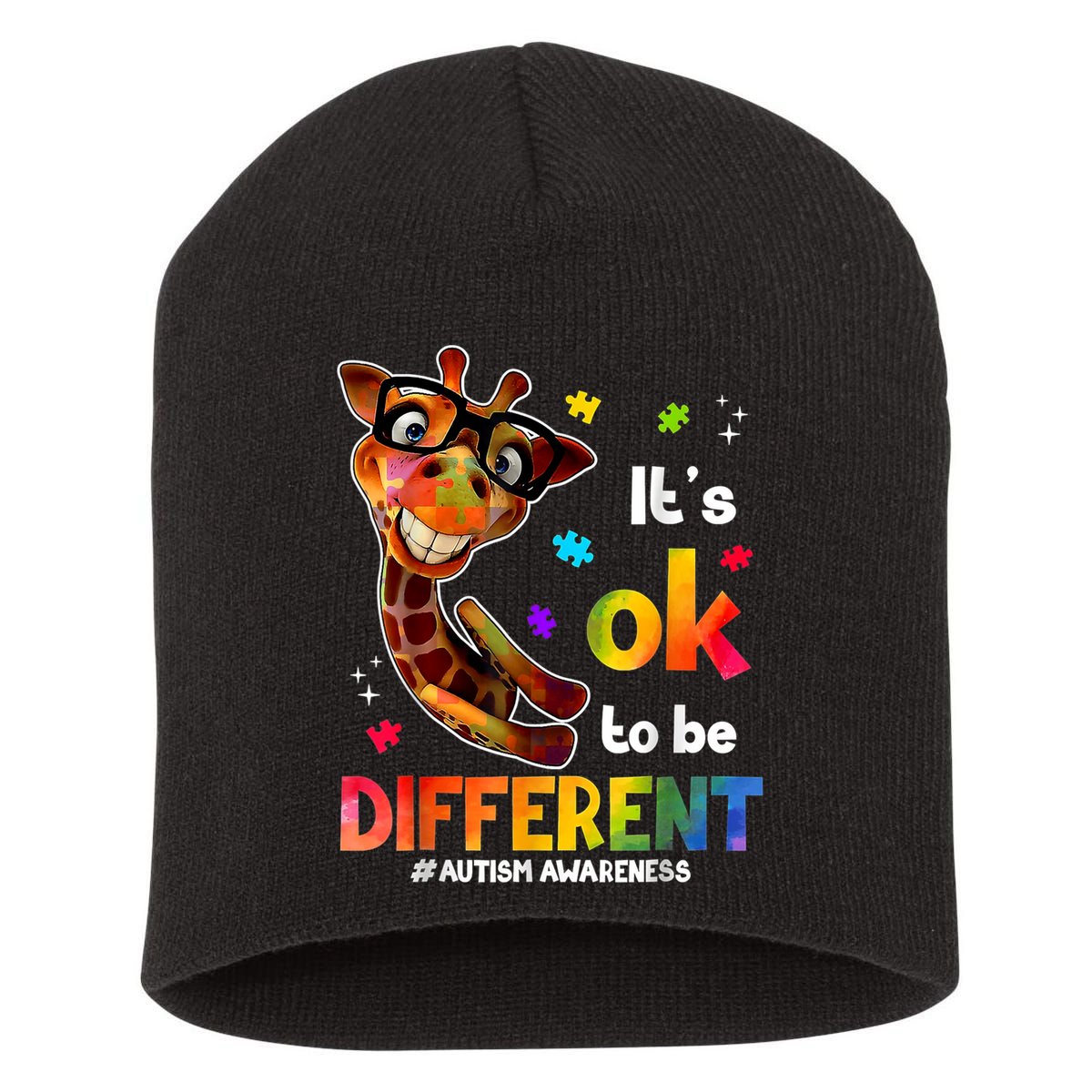 Funny Autism Awareness Its Ok To Be Different Giraffe Short Acrylic Beanie