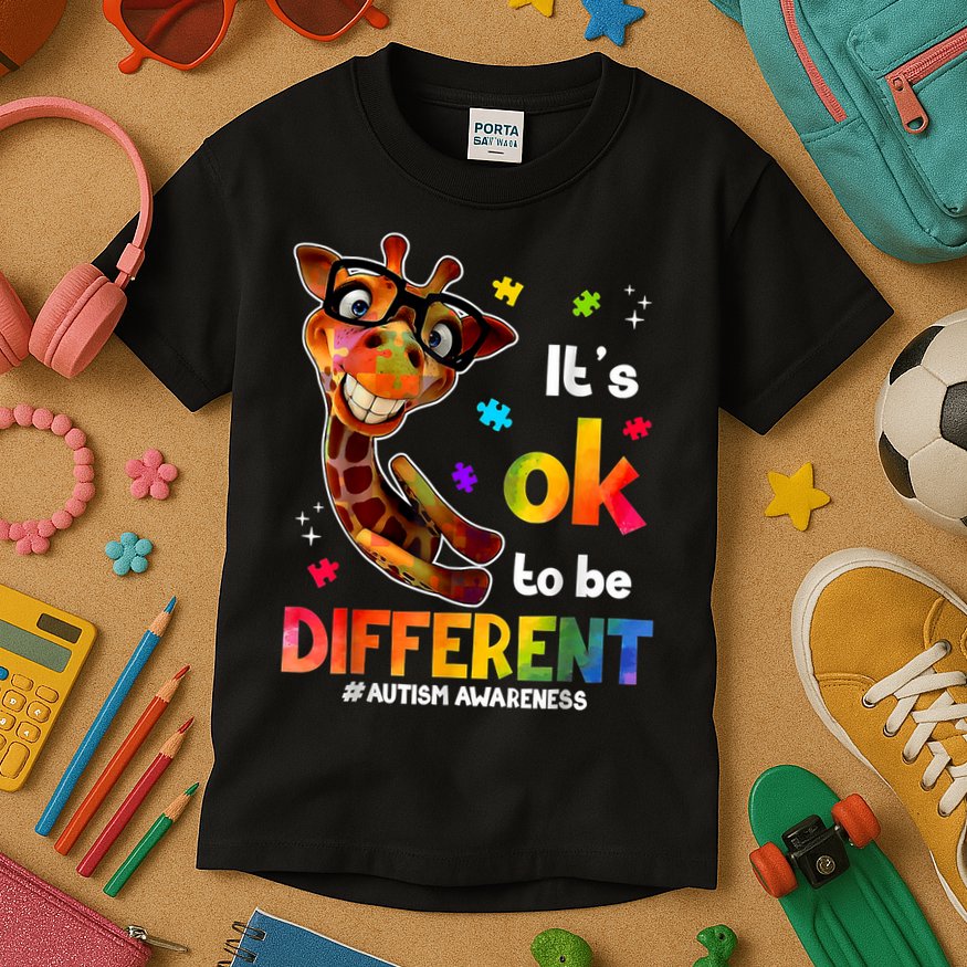 Funny Autism Awareness Its Ok To Be Different Giraffe Kids T-Shirt