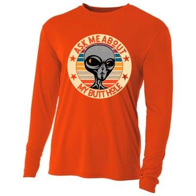 Funny Alien Abduction Ask Me About My Butthole Vintage Retro Gift Cooling Performance Long Sleeve Crew