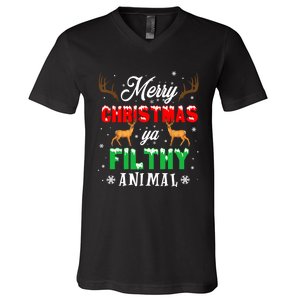 Funny Alone At Home Movies Merry Christmas You Filty Animal V-Neck T-Shirt