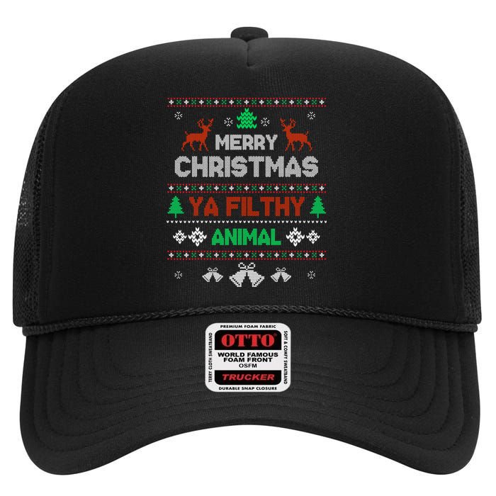 Funny Alone At Home Movies Merry Christmas You Filty Animal High Crown Mesh Back Trucker Hat