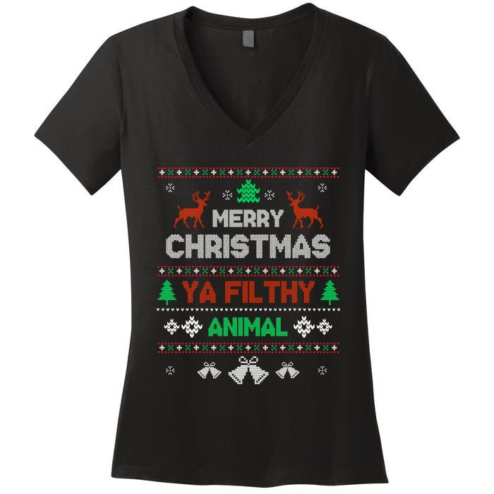 Funny Alone At Home Movies Merry Christmas You Filty Animal Women's V-Neck T-Shirt