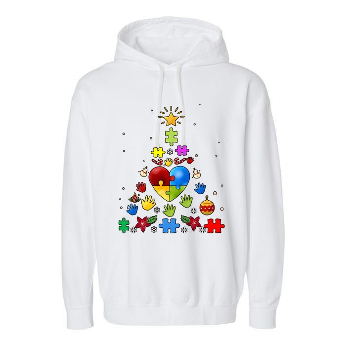 Funny Autism Awareness Christmas Tree Garment-Dyed Fleece Hoodie