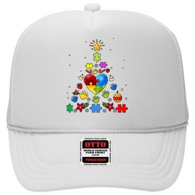 Funny Autism Awareness Christmas Tree High Crown Mesh Back Trucker Hat