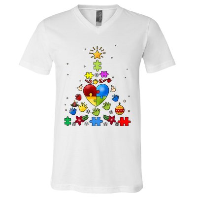 Funny Autism Awareness Christmas Tree V-Neck T-Shirt