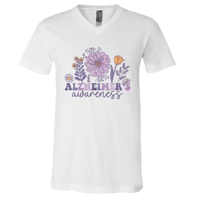 Flowers Alzheimer Awareness Dementia Awareness Alzheimers Walk Forget Me Not V-Neck T-Shirt