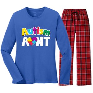 Funny Autism Aunt Awareness Puzzle Pieces Colors Meaningful Gift Women's Long Sleeve Flannel Pajama Set 