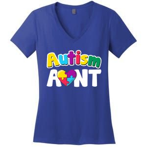 Funny Autism Aunt Awareness Puzzle Pieces Colors Meaningful Gift Women's V-Neck T-Shirt