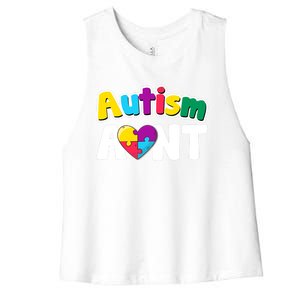 Funny Autism Aunt Awareness Puzzle Pieces Colors Meaningful Gift Women's Racerback Cropped Tank