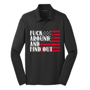 Fuck Around And Find Out American USA Flag Funny Silk Touch Performance Long Sleeve Polo