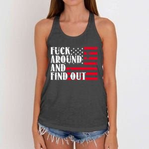 Fuck Around And Find Out American USA Flag Funny Women's Knotted Racerback Tank