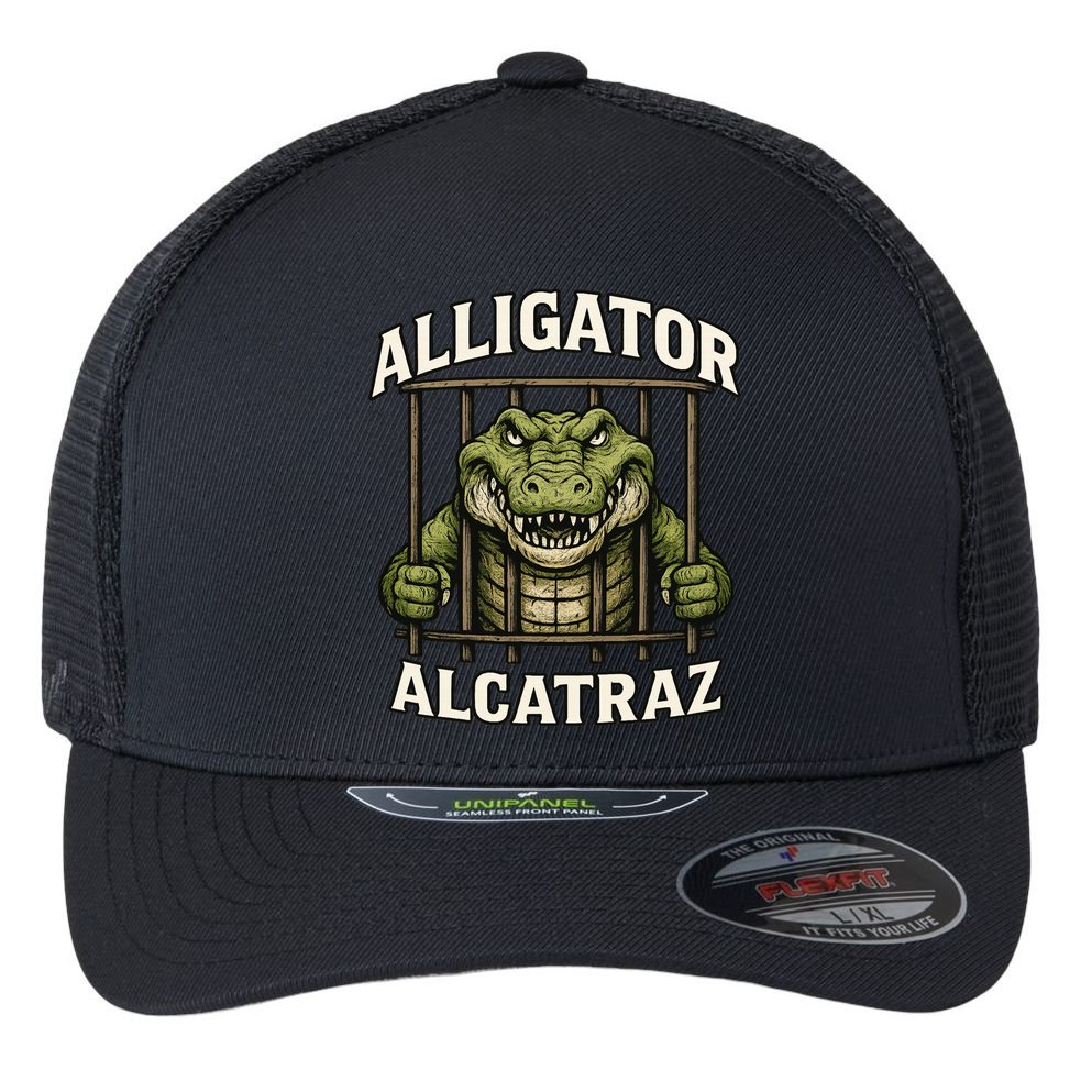 Funny Alligator Alcatraz Jail Prison Gator Flexfit Unipanel Trucker Cap