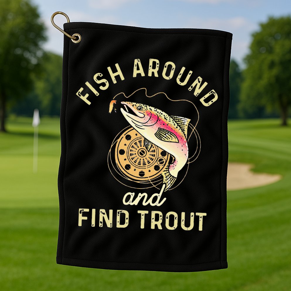 Fish Around And Find Trout Funny Fishing Golf Towel