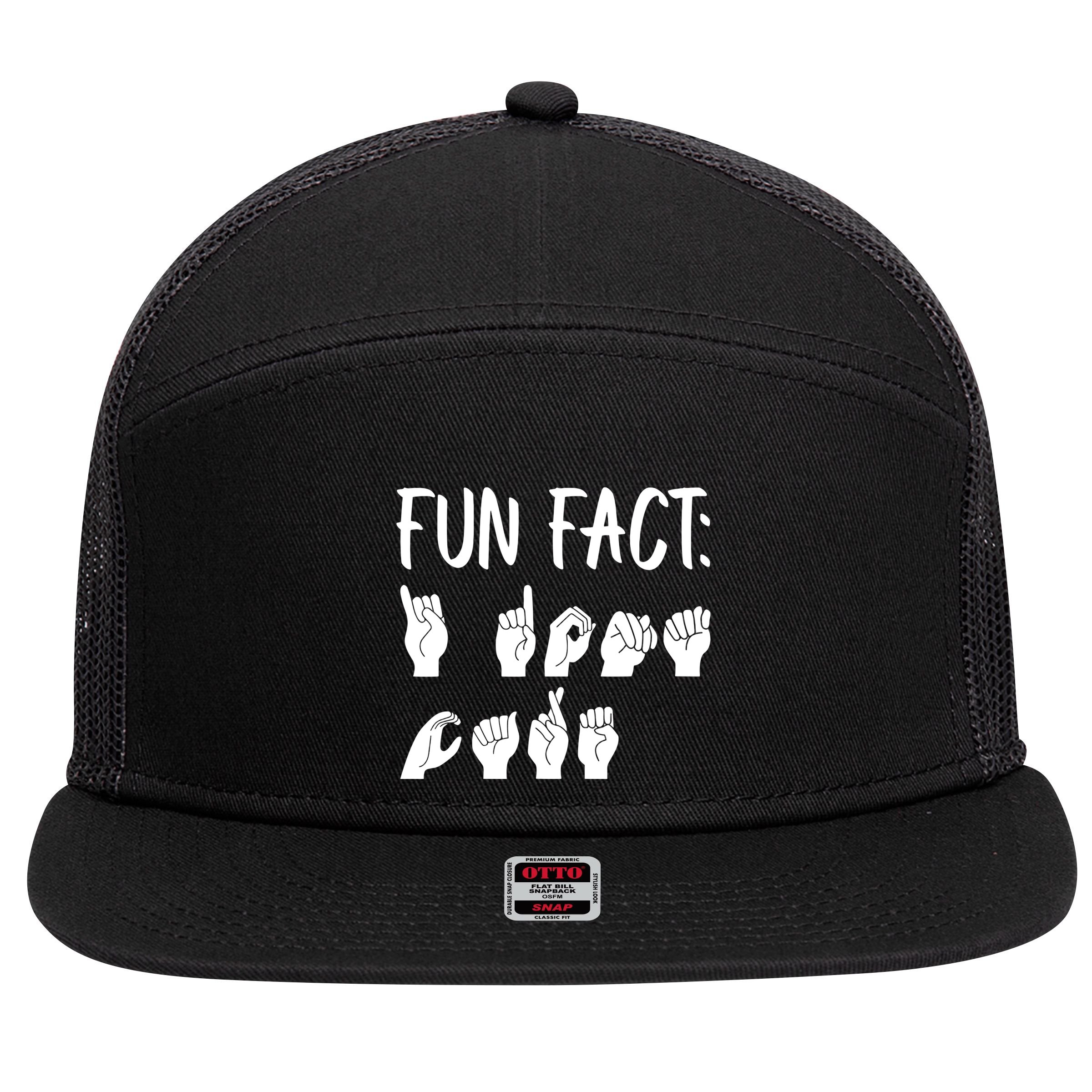 Funny ASL American Sign Language Fun Fact 7 Panel Mesh Trucker Snapback Hat