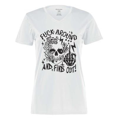 Fuck Around And Find Out Snarky Adult Humor Floral Skull Skeleton Women's Momentum V-Neck T-Shirt