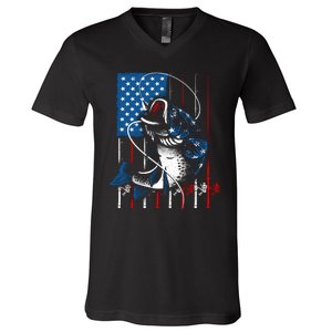 Fishing Art American Flag Usa Fishing Lover V-Neck T-Shirt