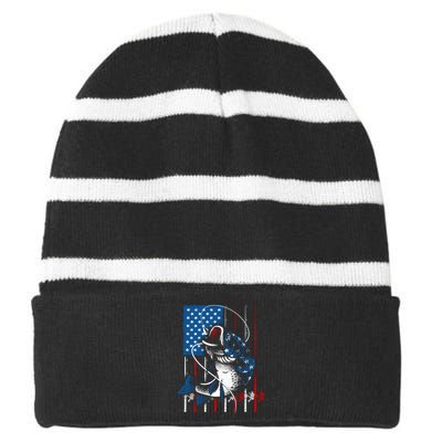 Fishing Art American Flag Usa Fishing Lover Striped Beanie with Solid Band