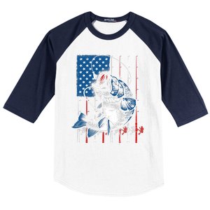 Fishing Art American Flag Usa Fishing Lover Baseball Sleeve Shirt