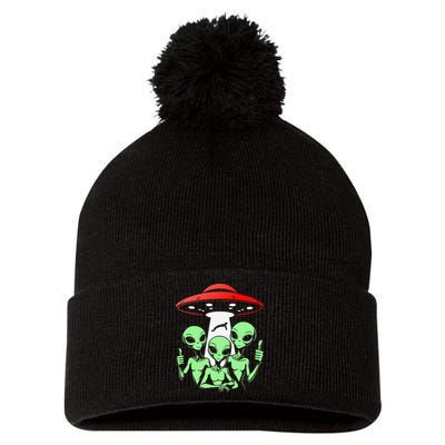 Funny Alien Abduction Selfie Alien Vacation Fishing Trip Pom Pom 12in Knit Beanie
