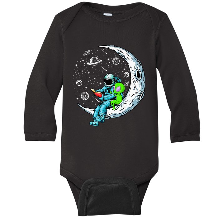 Funny Alien & Astronaut Reads Book Outer Space Book Readers Baby Long Sleeve Bodysuit