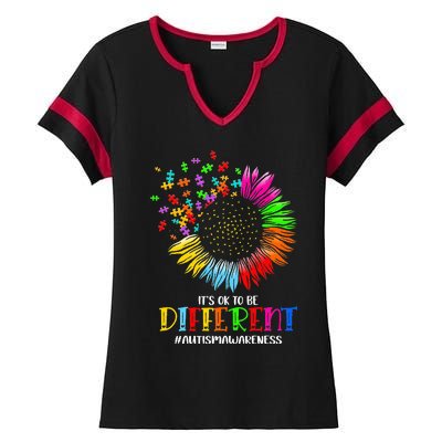 Funny Autism Awareness It's Ok To Be Different Puzzle Flower Ladies Halftime Notch Neck Tee