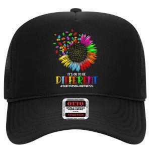 Funny Autism Awareness It's Ok To Be Different Puzzle Flower High Crown Mesh Back Trucker Hat