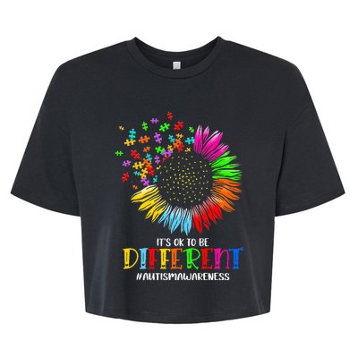 Funny Autism Awareness It's Ok To Be Different Puzzle Flower Bella+Canvas Jersey Crop Tee