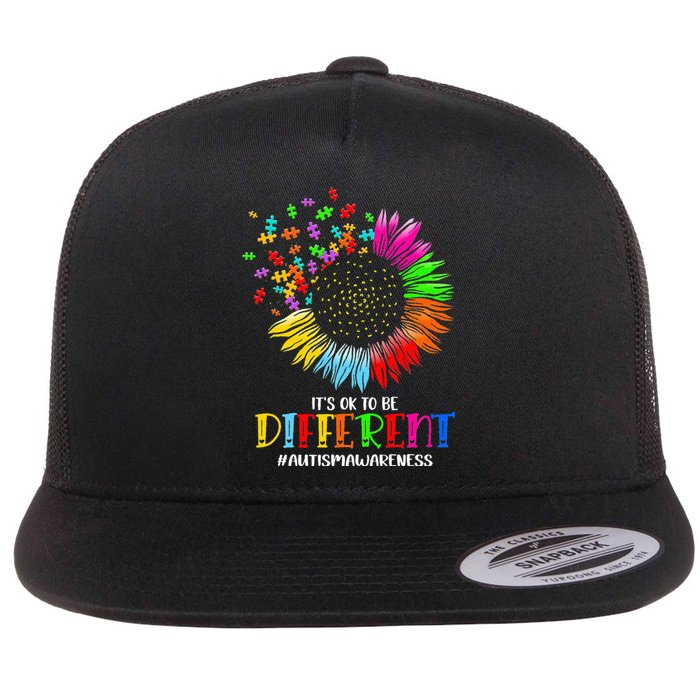 Funny Autism Awareness It's Ok To Be Different Puzzle Flower Flat Bill Trucker Hat