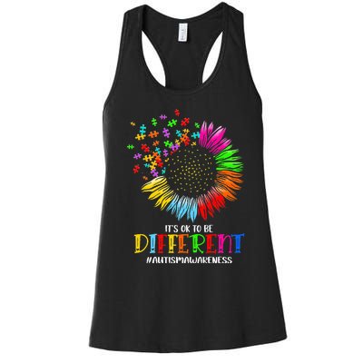 Funny Autism Awareness It's Ok To Be Different Puzzle Flower Women's Racerback Tank