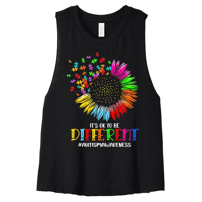 Funny Autism Awareness It's Ok To Be Different Puzzle Flower Women's Racerback Cropped Tank