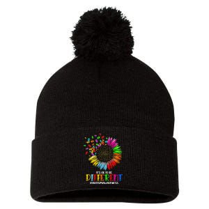 Funny Autism Awareness It's Ok To Be Different Puzzle Flower Pom Pom 12in Knit Beanie