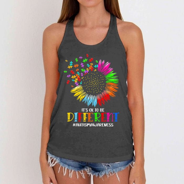 Funny Autism Awareness It's Ok To Be Different Puzzle Flower Women's Knotted Racerback Tank