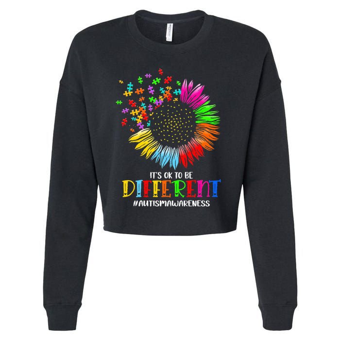 Funny Autism Awareness It's Ok To Be Different Puzzle Flower Cropped Pullover Crew