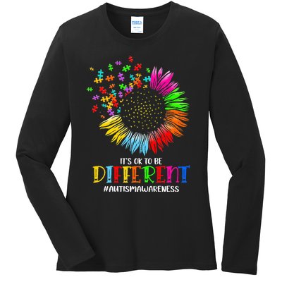 Funny Autism Awareness It's Ok To Be Different Puzzle Flower Ladies Long Sleeve Shirt