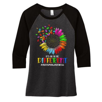 Funny Autism Awareness It's Ok To Be Different Puzzle Flower Women's Tri-Blend 3/4-Sleeve Raglan Shirt