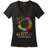 Funny Autism Awareness It's Ok To Be Different Puzzle Flower Women's V-Neck T-Shirt