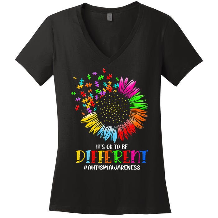 Funny Autism Awareness It's Ok To Be Different Puzzle Flower Women's V-Neck T-Shirt