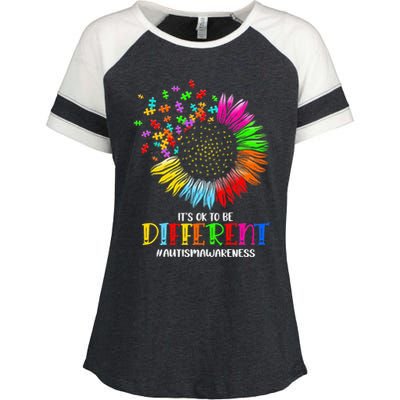 Funny Autism Awareness It's Ok To Be Different Puzzle Flower Enza Ladies Jersey Colorblock Tee