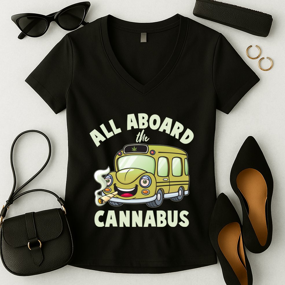 Funny All Aboard The Cannabus Women's V-Neck T-Shirt