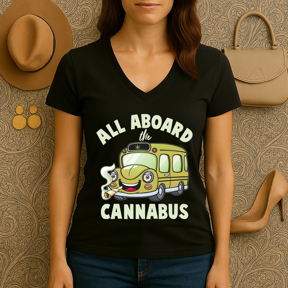 Funny All Aboard The Cannabus Women's V-Neck T-Shirt