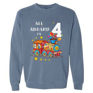 Funny All Aboard Im 4 Train Birthday Garment-Dyed Sweatshirt