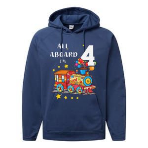 Funny All Aboard Im 4 Train Birthday Performance Fleece Hoodie