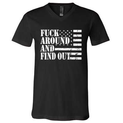 Fuck Around And Find Out American USA Flag Funny V-Neck T-Shirt