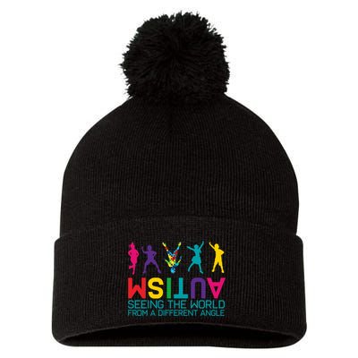 Funny Autism Awareness Seeing The World From Different Angles Pom Pom 12in Knit Beanie